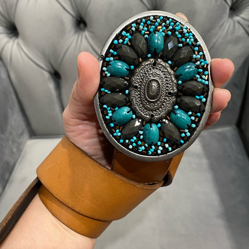 Esprit Oval buckle belt, Women leather belt with blue stones Vintage